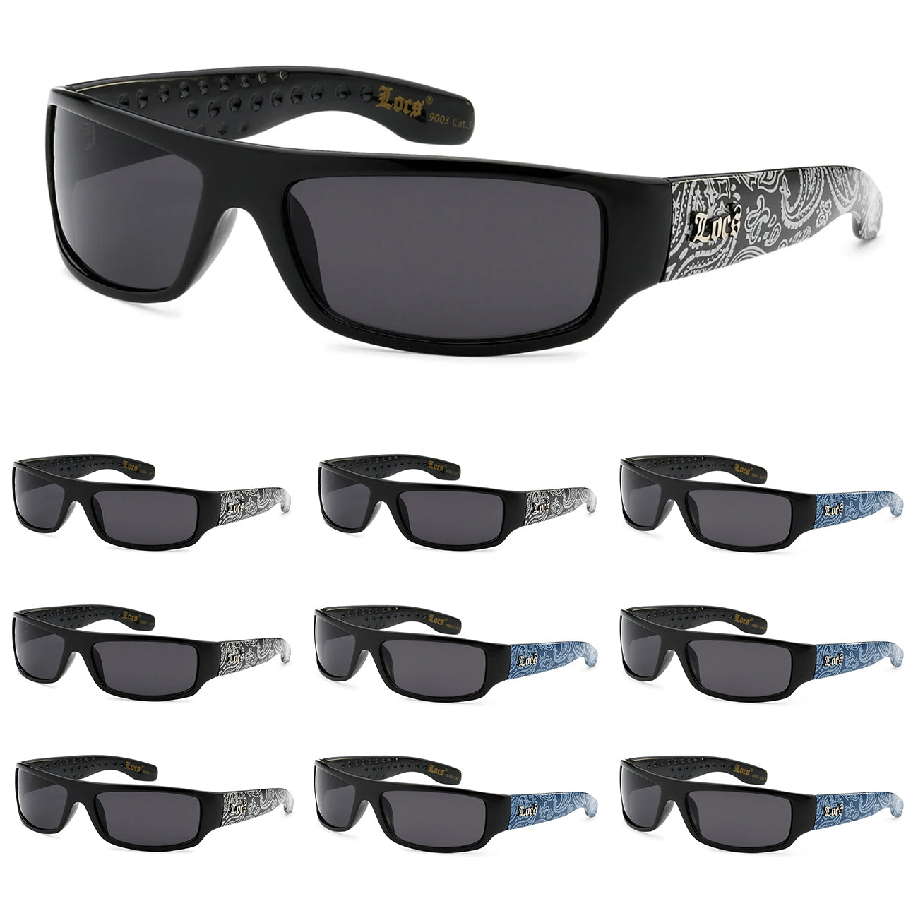 10 Pack Bulk Sunglasses | Locs 9003 Black / Blue Bandana