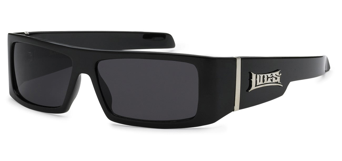 Locs Men's Gangsta Flat Top Square Sunglasses - Black/White Frames, Smoke Or Blue Flash Mirror Lens, UV400