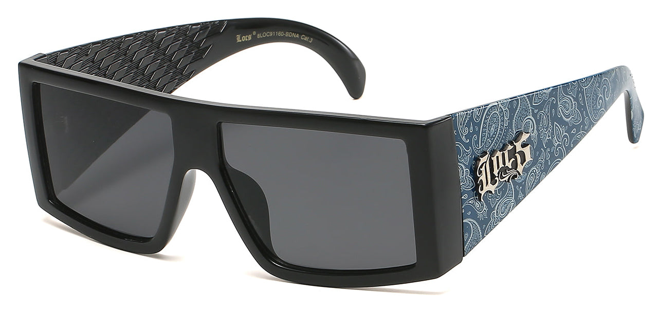 Locs Men's OG Gangster Sunglasses - Black Frame, Blue Smoke Mirror Lens, UV400, Skull Arm Detail
